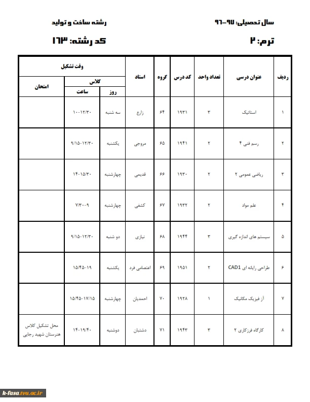 برنامه کلاسی نیمسال اول 97-96 کلیه رشته ها وگروههای درسی