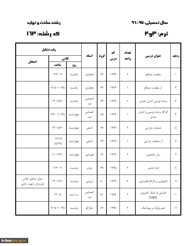 برنامه کلاسی نیمسال اول 97-96 کلیه رشته ها وگروههای درسی