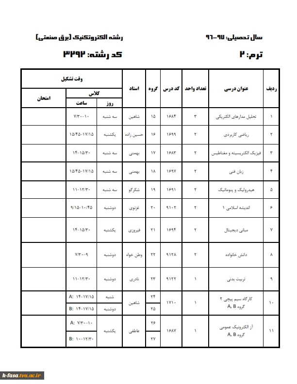 برنامه کلاسی نیمسال اول 97-96 کلیه رشته ها وگروههای درسی