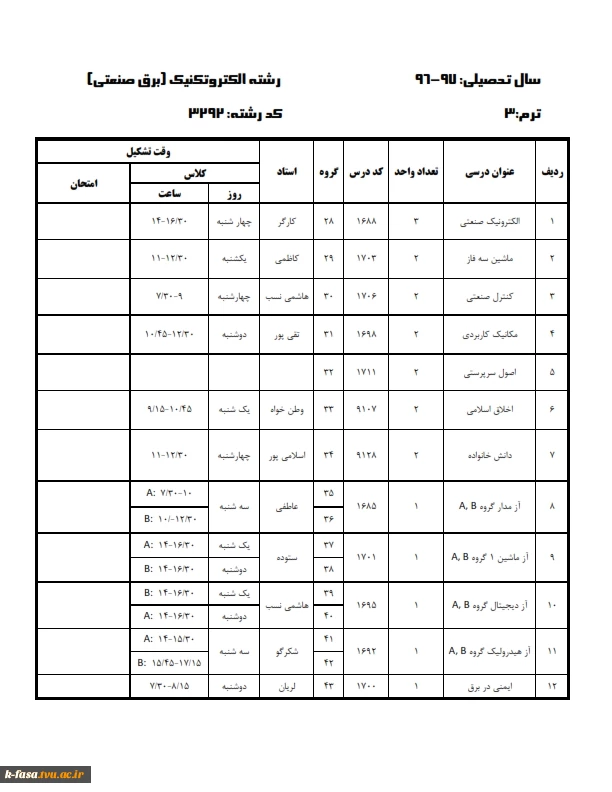 برنامه کلاسی نیمسال اول 97-96 کلیه رشته ها وگروههای درسی