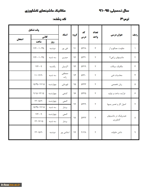 برنامه کلاسی نیمسال اول 97-96 کلیه رشته ها وگروههای درسی