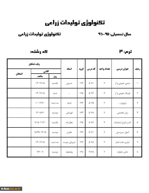 برنامه کلاسی نیمسال اول 97-96 کلیه رشته ها وگروههای درسی