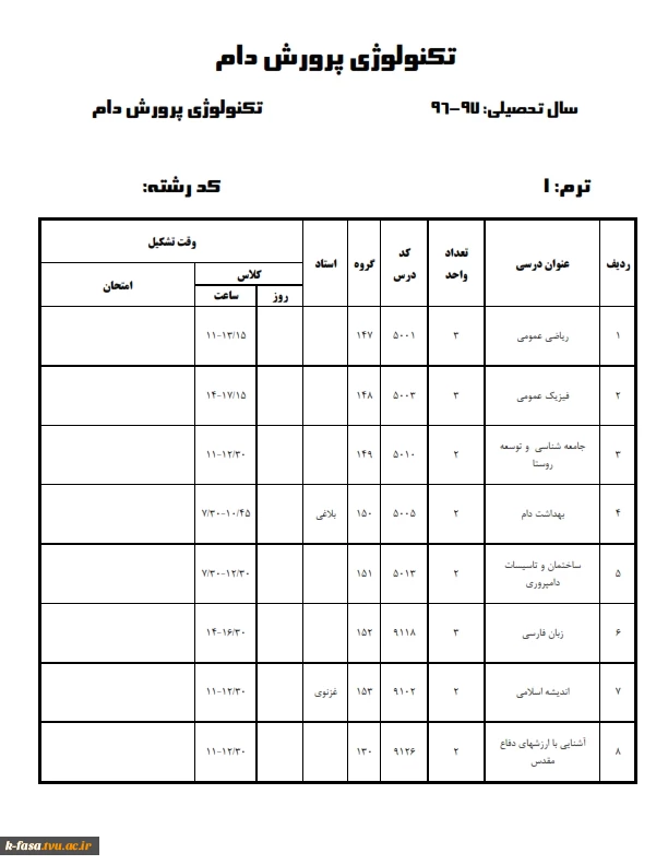 برنامه کلاسی نیمسال اول 97-96 کلیه رشته ها وگروههای درسی