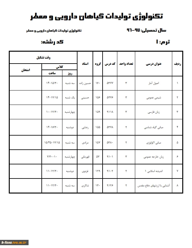 برنامه کلاسی نیمسال اول 97-96 کلیه رشته ها وگروههای درسی