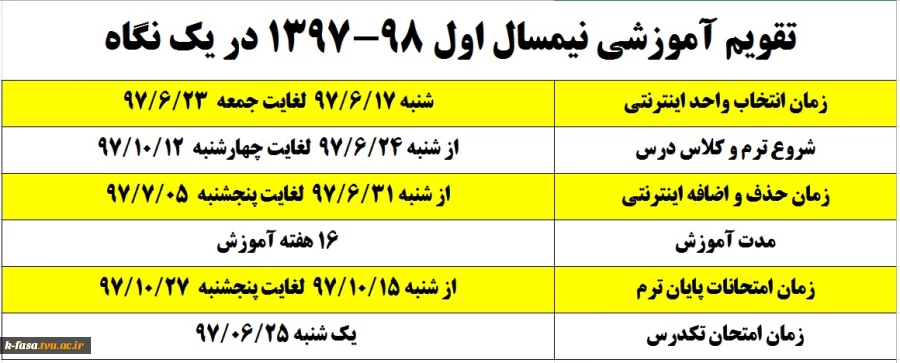 تقویم آموزشی نیمسال اول 98-1397 در یک نگاه