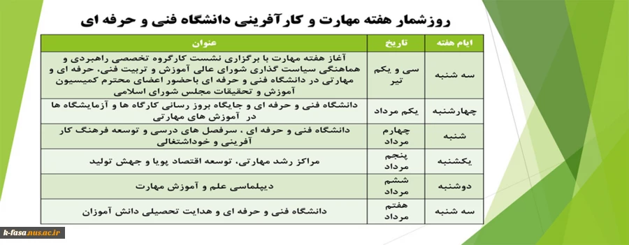 روز شمار هفته مهارت و کارآفرینی دانشگاه فنی و حرفه ای