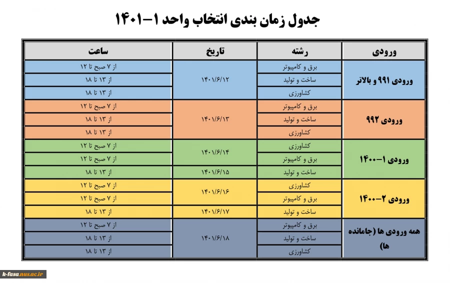 جدول زمان بندی انتخای واحد 1-1401 2