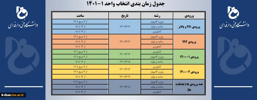 جدول زمان بندی انتخاب واحد 1-1401
